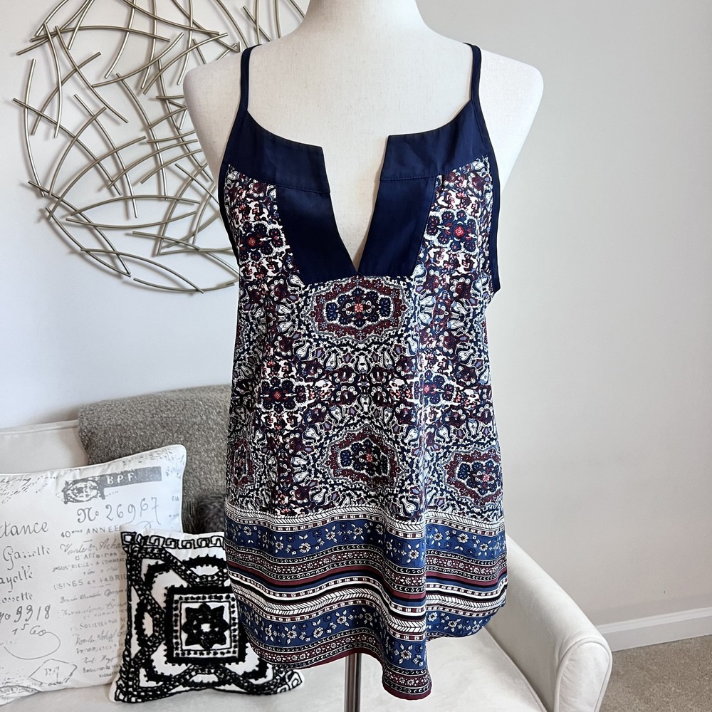 Athleta Dunes Tank Womens S Navy Paisley Tassel Tie Racerback Boho Tunic Top